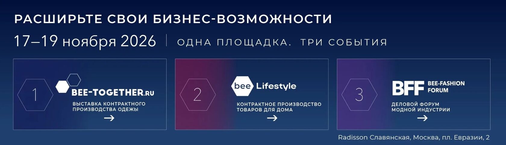 Расширьте свои бизнес-возможности. 17–19 ноября 2026. Одна площадка. Три события. Radisson Славянская, Москва, пл. Евразии, 2.